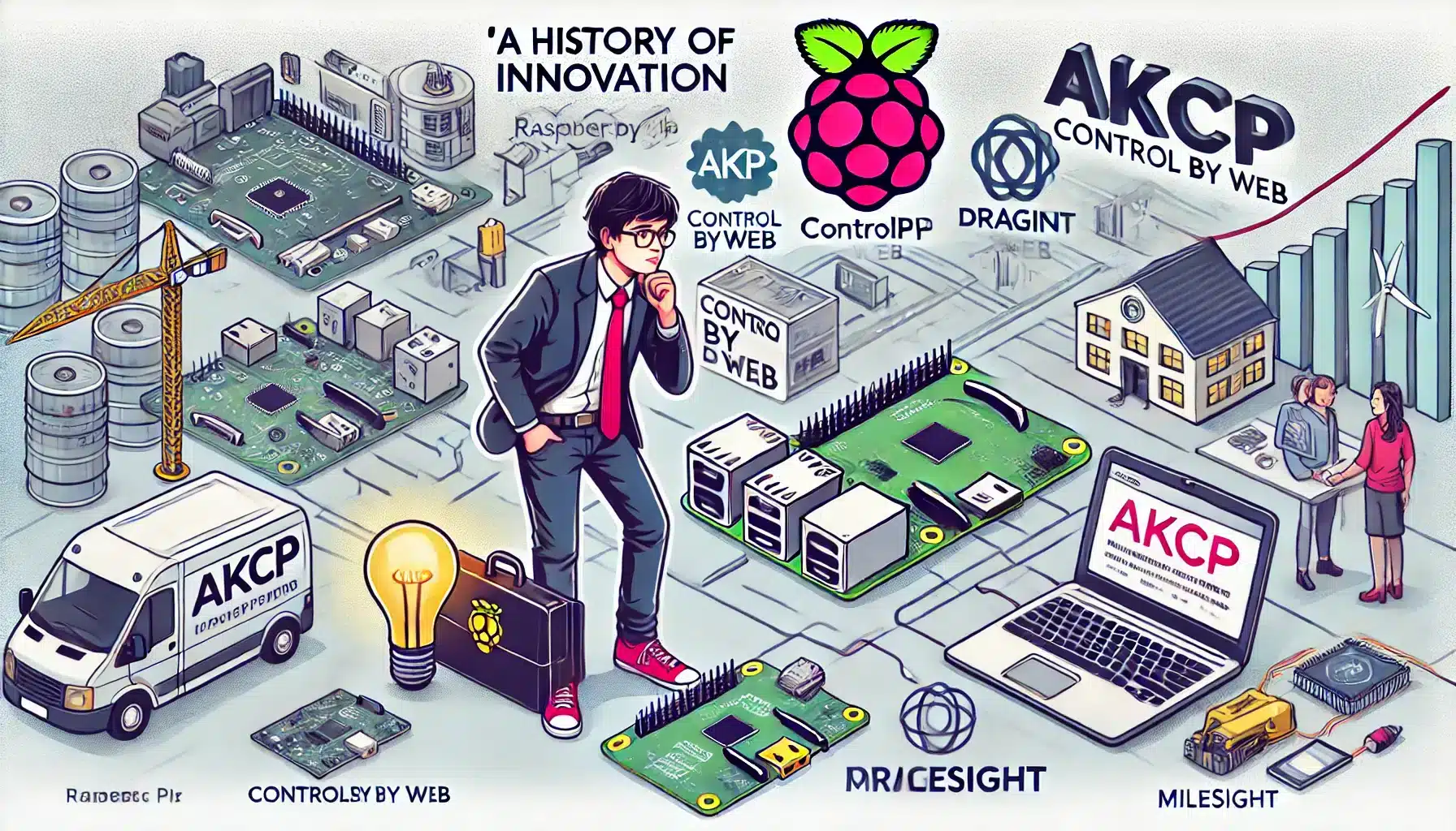À propos 1 DALL·E 2024 07 25 09.31.59 An illustration for a section titled A History of Innovation. The image should show a young entrepreneur starting a tech company during a crisis. In