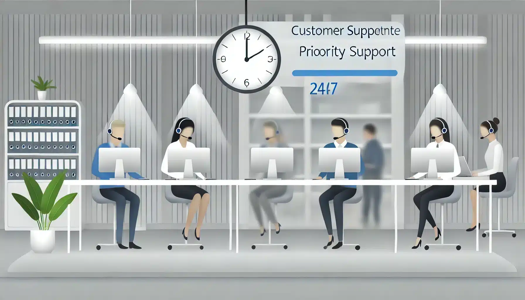 À propos 2 DALL·E 2024 07 25 09.34.43 A simple realistic illustration for a section about customer satisfaction and priority support. The image should feature a few customer support repre
