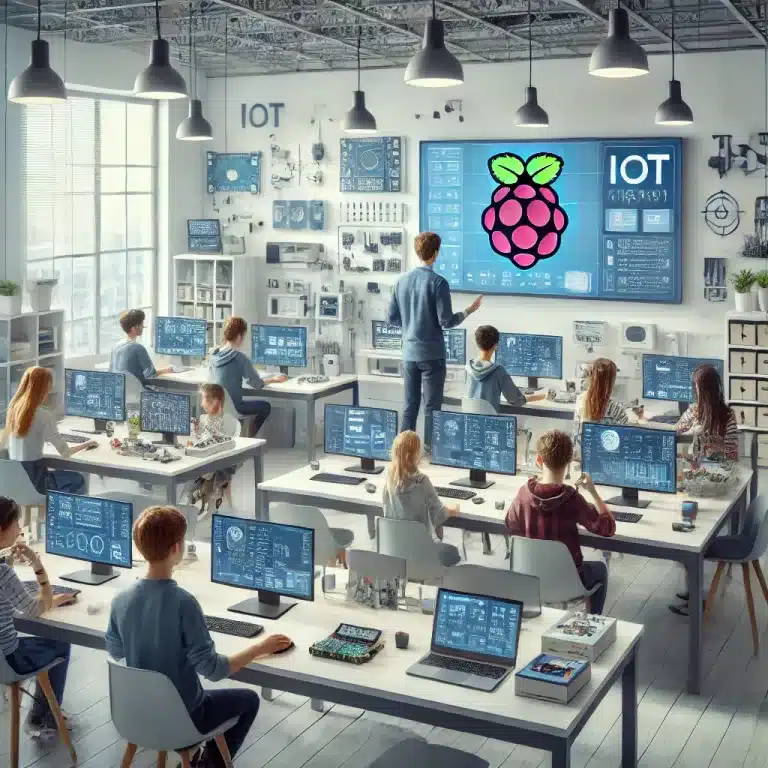 DALL·E 2024 07 25 15.03.11 A modern educational lab equipped with Raspberry Pi devices. Students are working on various projects like programming building robots and setting u